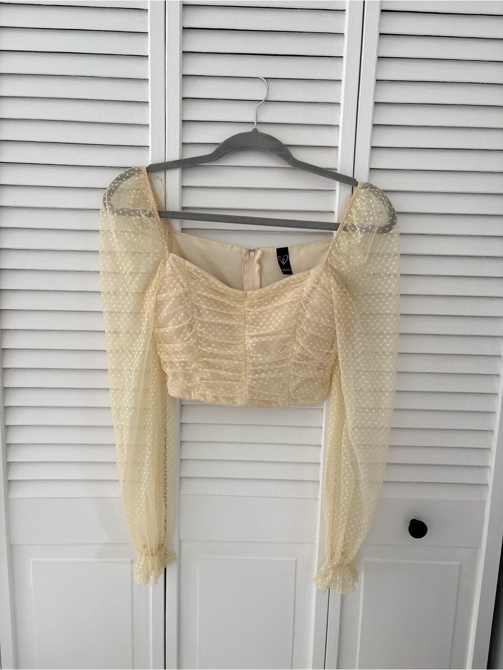 Windsor Cream Sheer Dot Puff-Sleeve Crop Top